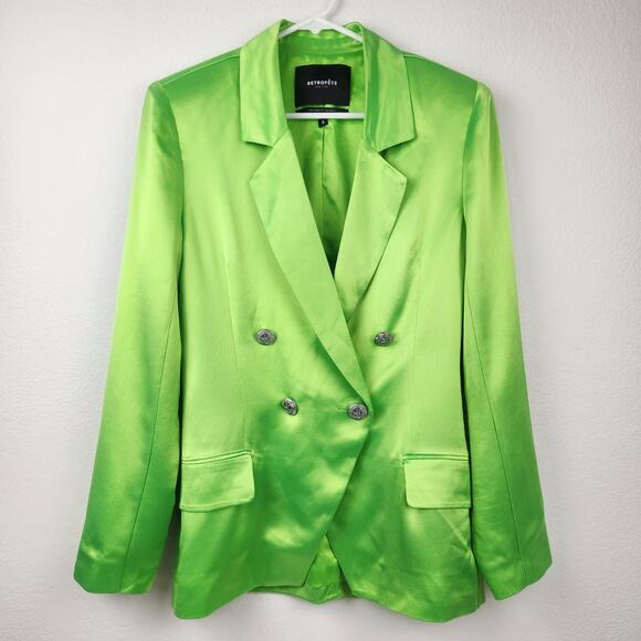 Retrofete Saige Double Breasted Blazer in Lime Punch Green Size Small Satin - Picture 3 of 13